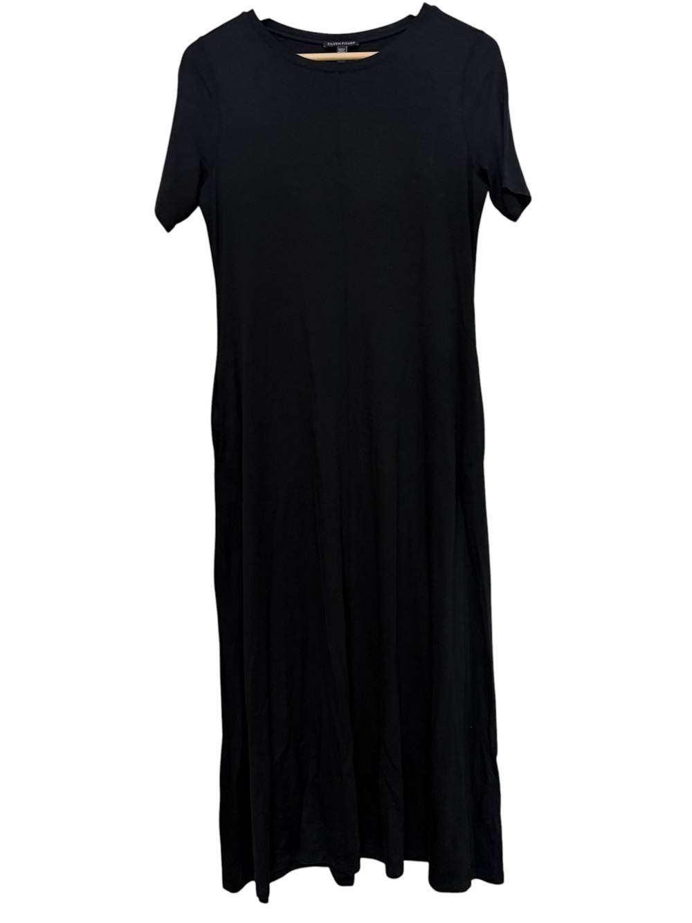 Eileen Fisher black jersey crewneck maxi dress with pockets